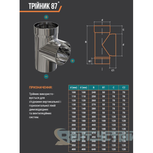 Трійник для димохода 90° моно нерж з чисткою AISI 321 (0.8mm) купити в магазині димоходів