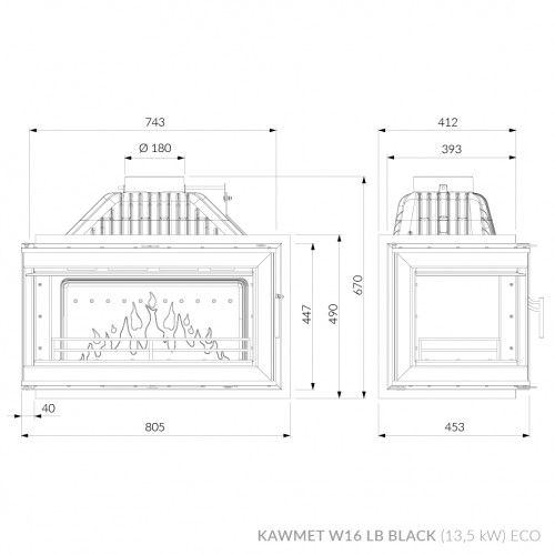 Камінна топка KAWMET W16 PB Black (13.5 kW) ECO чавун на дрова конвекційна