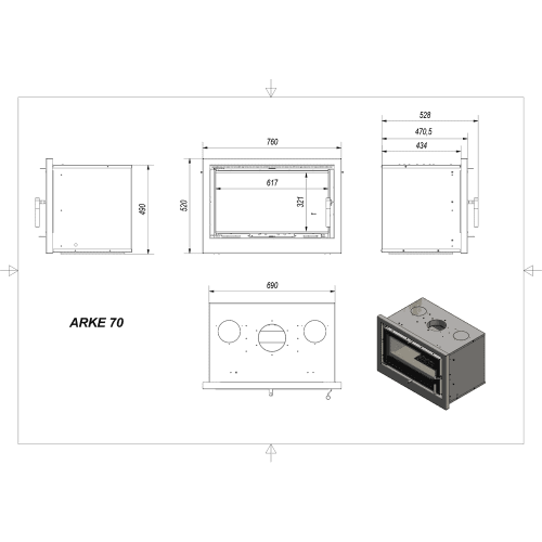 Камін касетного типу Kratki Arke 70 на дрова 8 кВт / Ø 150мм black thermotec ➡️ інтернет - магазин WARMHOUSE Львів