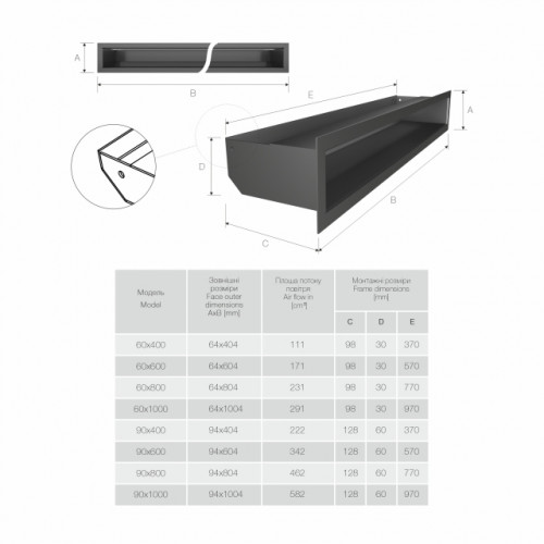 Вентиляционная решетка для камина SAVEN Loft 90*1000 mm графитовая