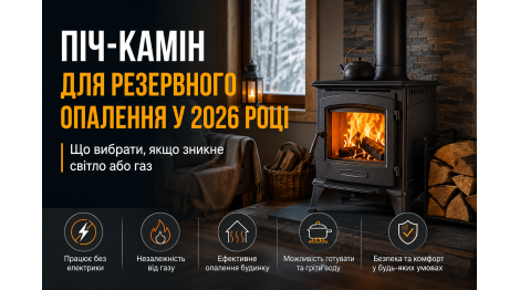 Піч-камін для резервного опалення у 2026 році: що вибрати, якщо зникне світло або газ