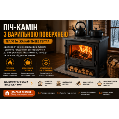 Піч-камін з варильною поверхнею: тепло без світла