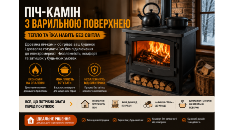Піч-камін з варильною поверхнею: тепло та їжа навіть без світла