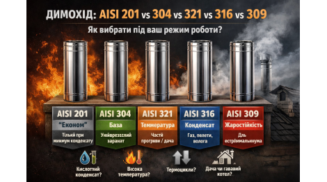 Димохід: AISI 201 vs 304 vs 321 vs 316 vs 309 — як вибрати під ваш режим роботи