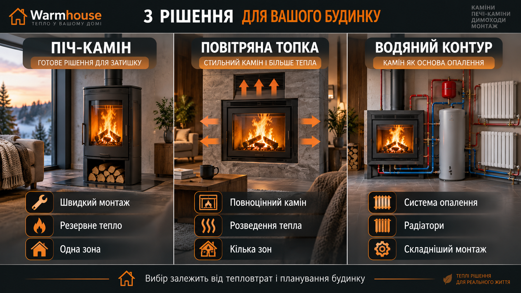 Порівняння печі-каміна, повітряної топки та каміна з водяним контуром